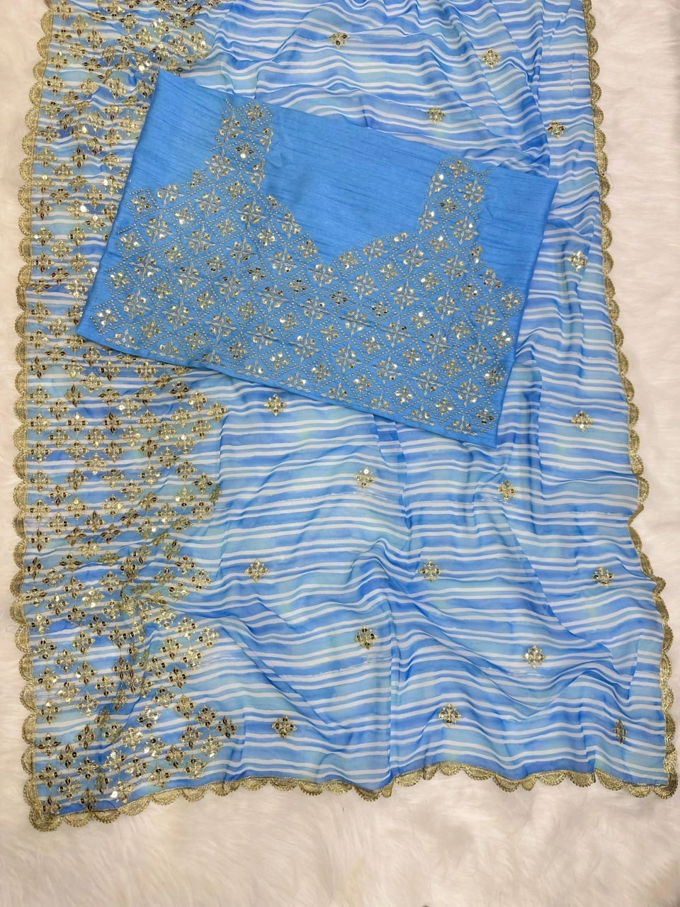 Georgette Saree with Heavy Embroidery &amp; Zari Work-Sky Blue-5