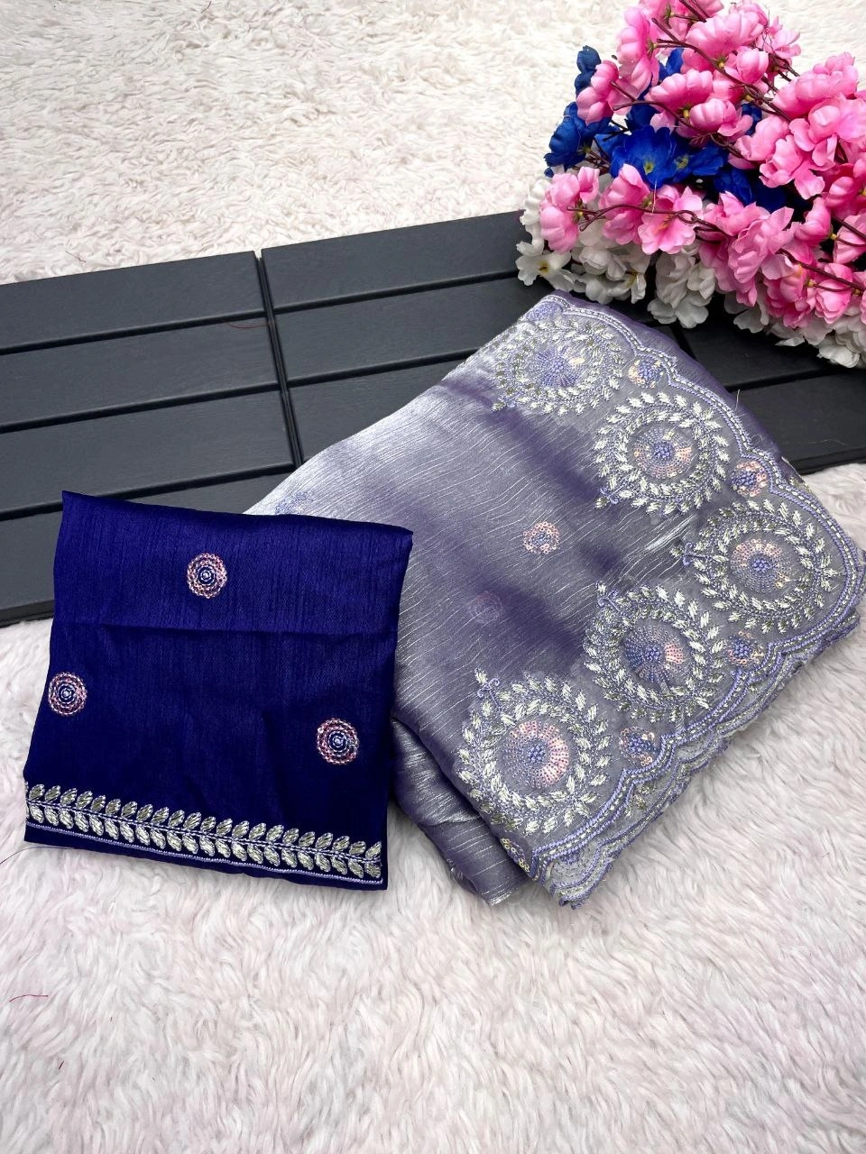 Zimmy Choo Sequin Saree with Mono Diamond Silk Blouse-Lavander-1