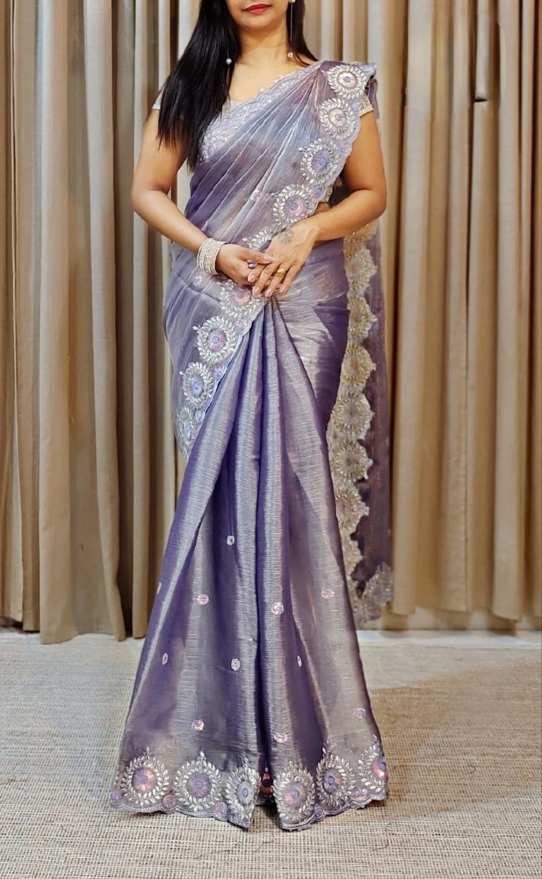 Zimmy Choo Sequin Saree with Mono Diamond Silk Blouse-Lavander-2