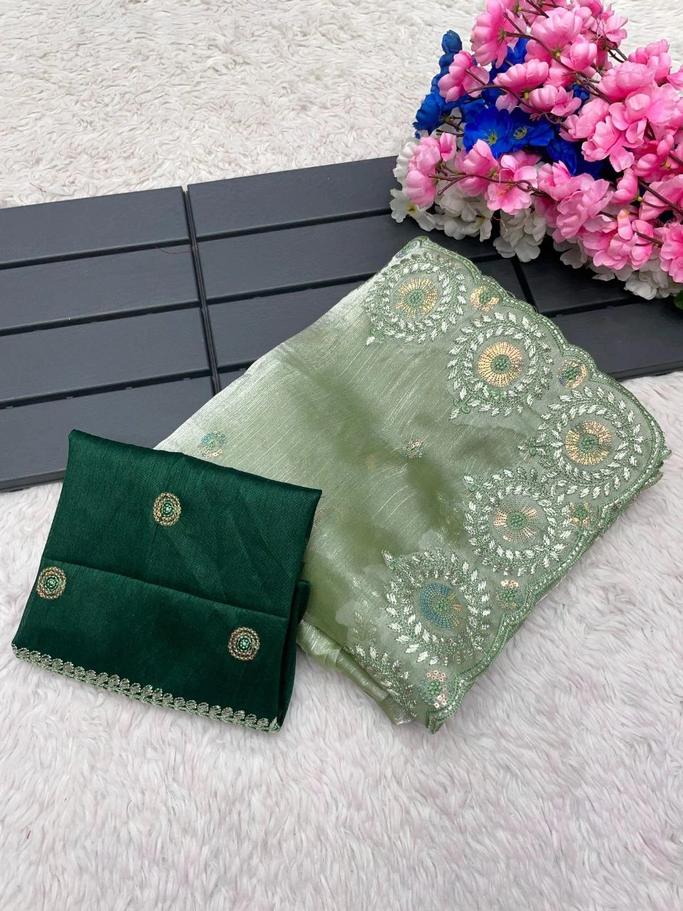 Zimmy Choo Sequin Saree with Mono Diamond Silk Blouse-Green-1