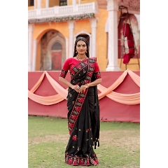 Black Vichitra Silk Saree with Kachhi Embroidery and Mirror Work