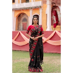 Black Vichitra Silk Saree with Kachhi Embroidery and Mirror Work