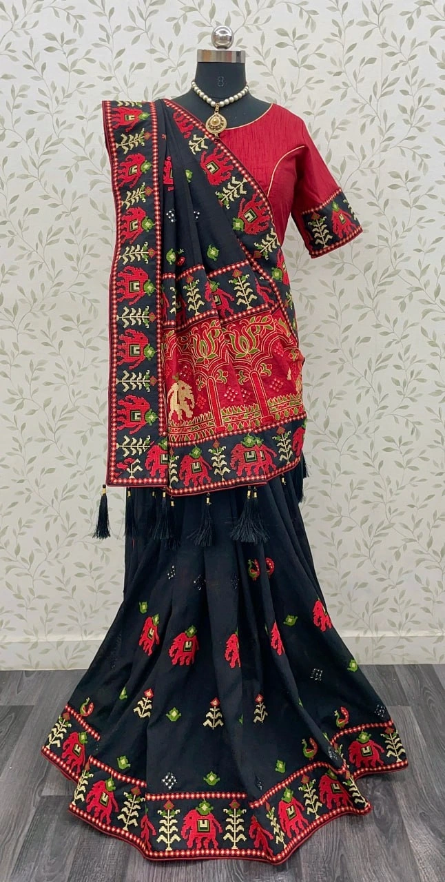 Black Vichitra Silk Saree with Kachhi Embroidery and Mirror Work-Black-3