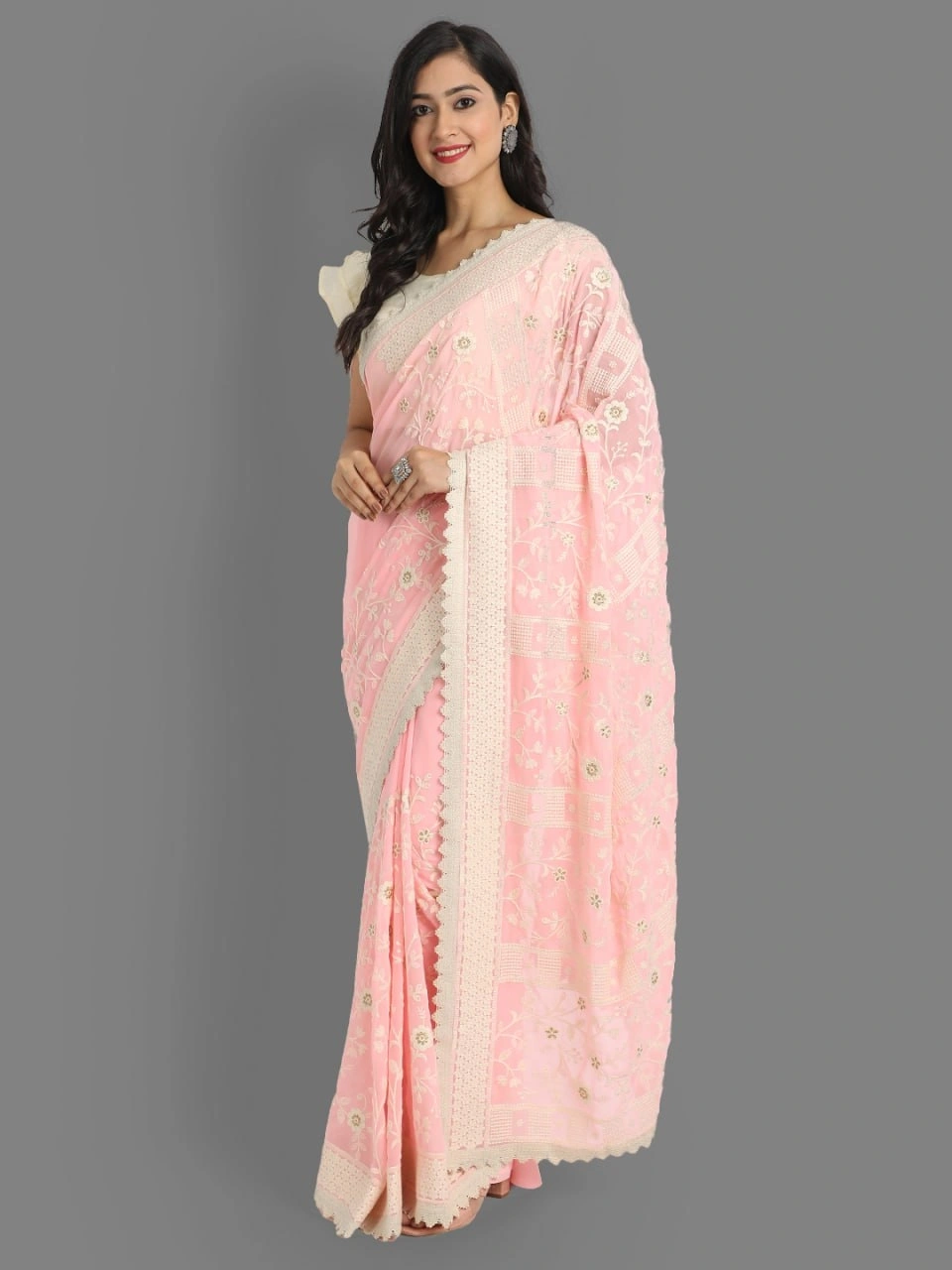 Stunning Faux Georgette Saree with Silk Blouse - Lakhnavi Work-RSC-Lakhnavi-201-Pink