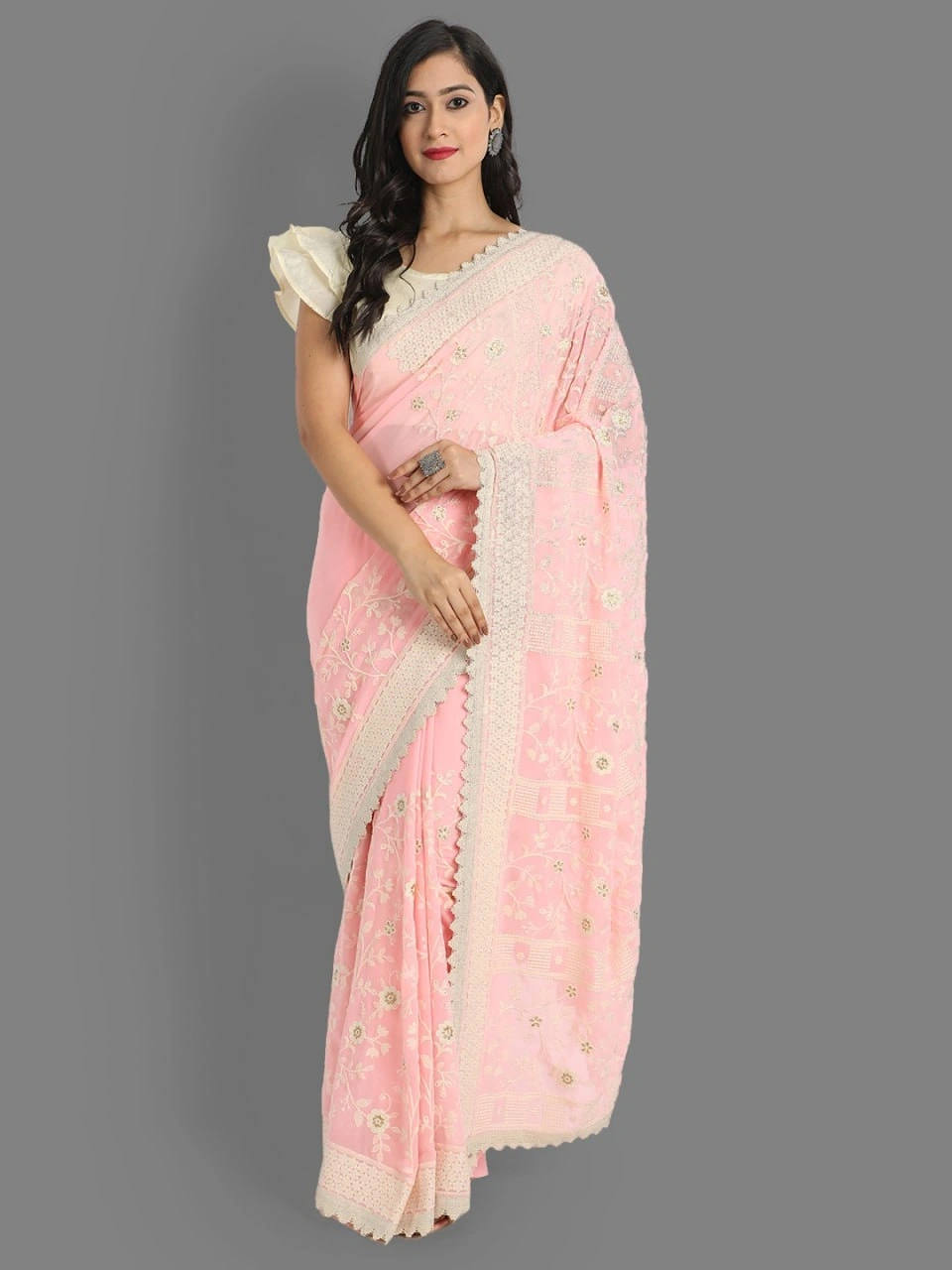 Stunning Faux Georgette Saree with Silk Blouse - Lakhnavi Work-Pink-1