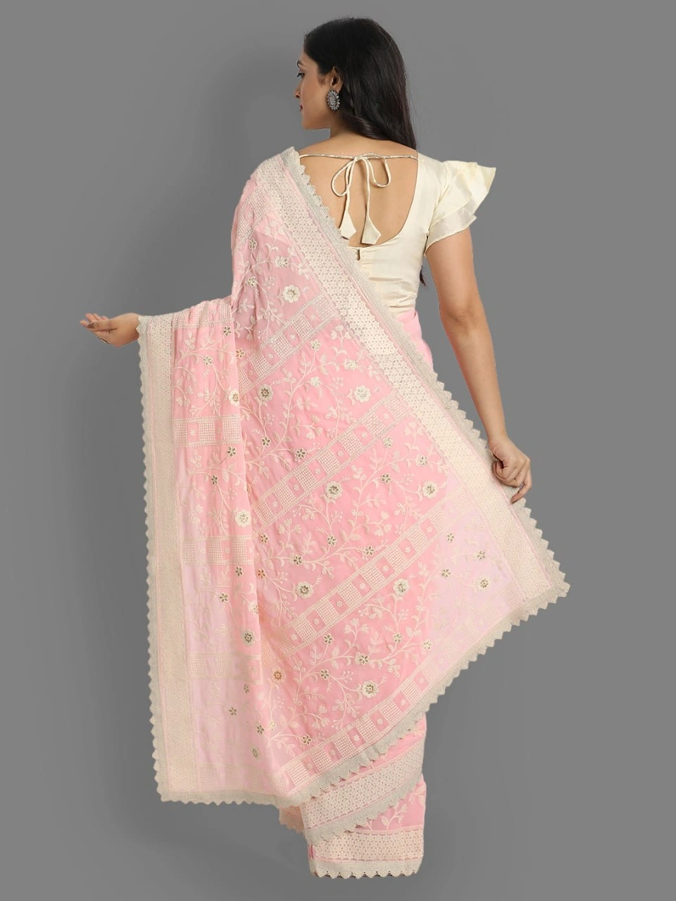 Stunning Faux Georgette Saree with Silk Blouse - Lakhnavi Work-Pink-2