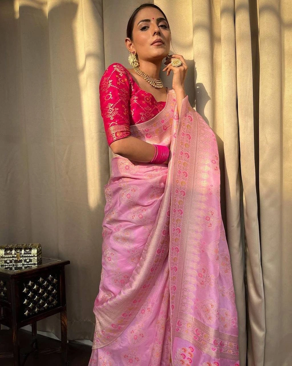 Soft Silk Jacquard Border Saree with Stunning Pallu - Perfect for Weddings and Parties-Pink-1