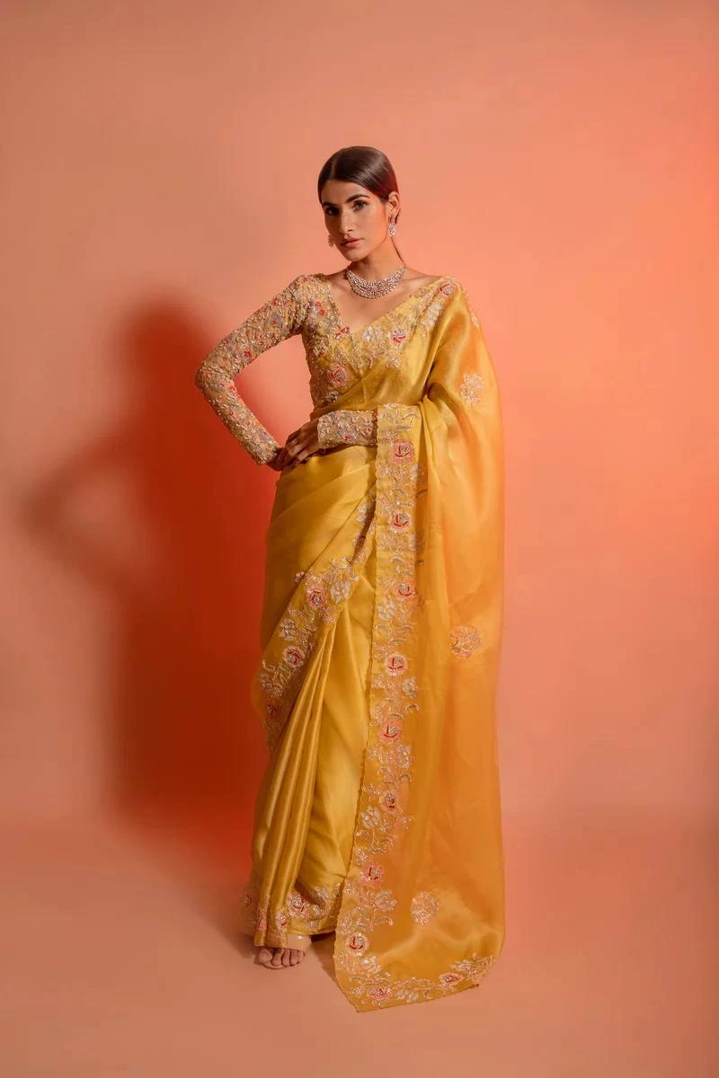 Yellow Organza Saree with Heavy Embroidery - Elegant and Stylish-RVL-15-Yellow