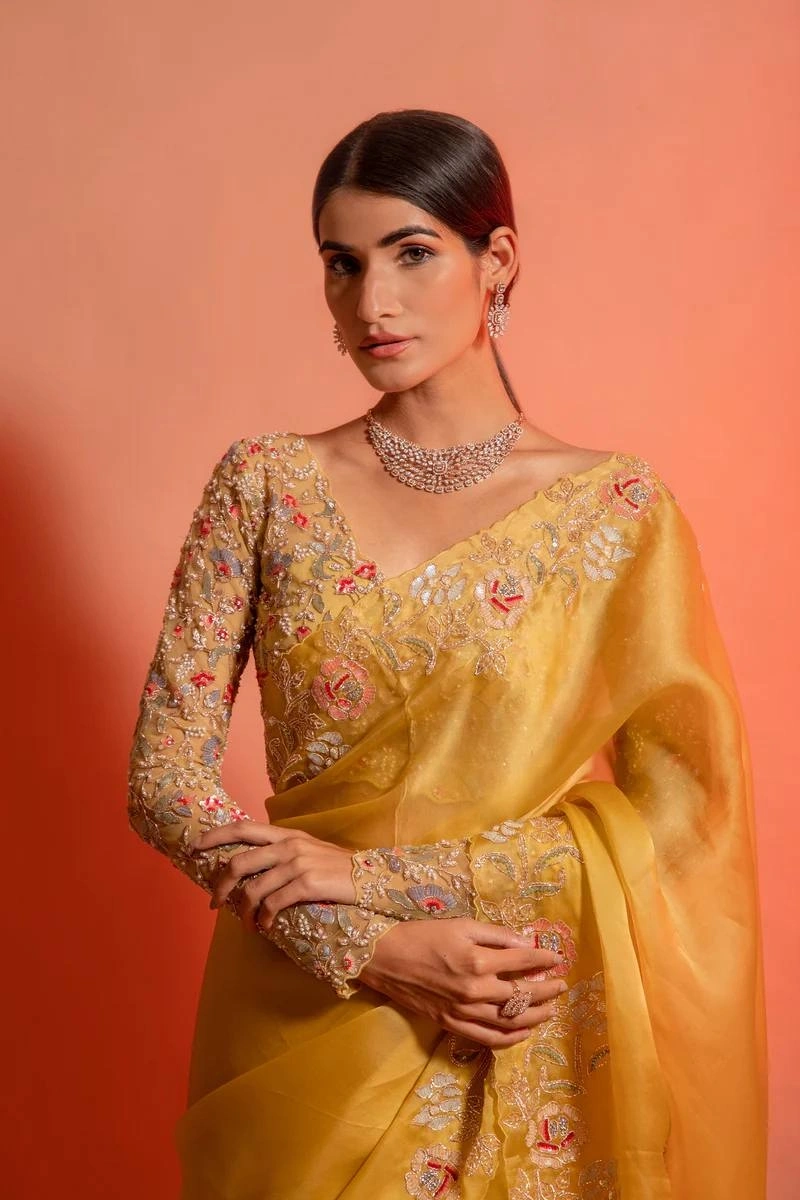 Yellow Organza Saree with Heavy Embroidery - Elegant and Stylish-Yellow-1