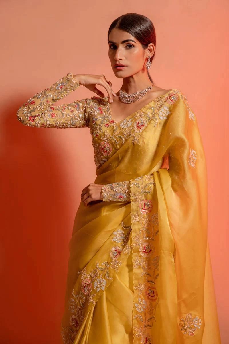 Yellow Organza Saree with Heavy Embroidery - Elegant and Stylish-Yellow-2