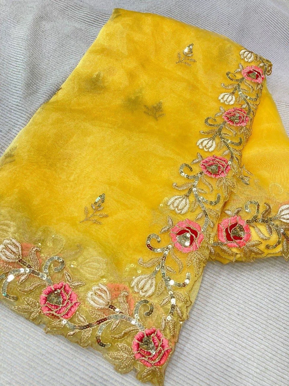 Yellow Organza Saree with Heavy Embroidery - Elegant and Stylish-Yellow-3