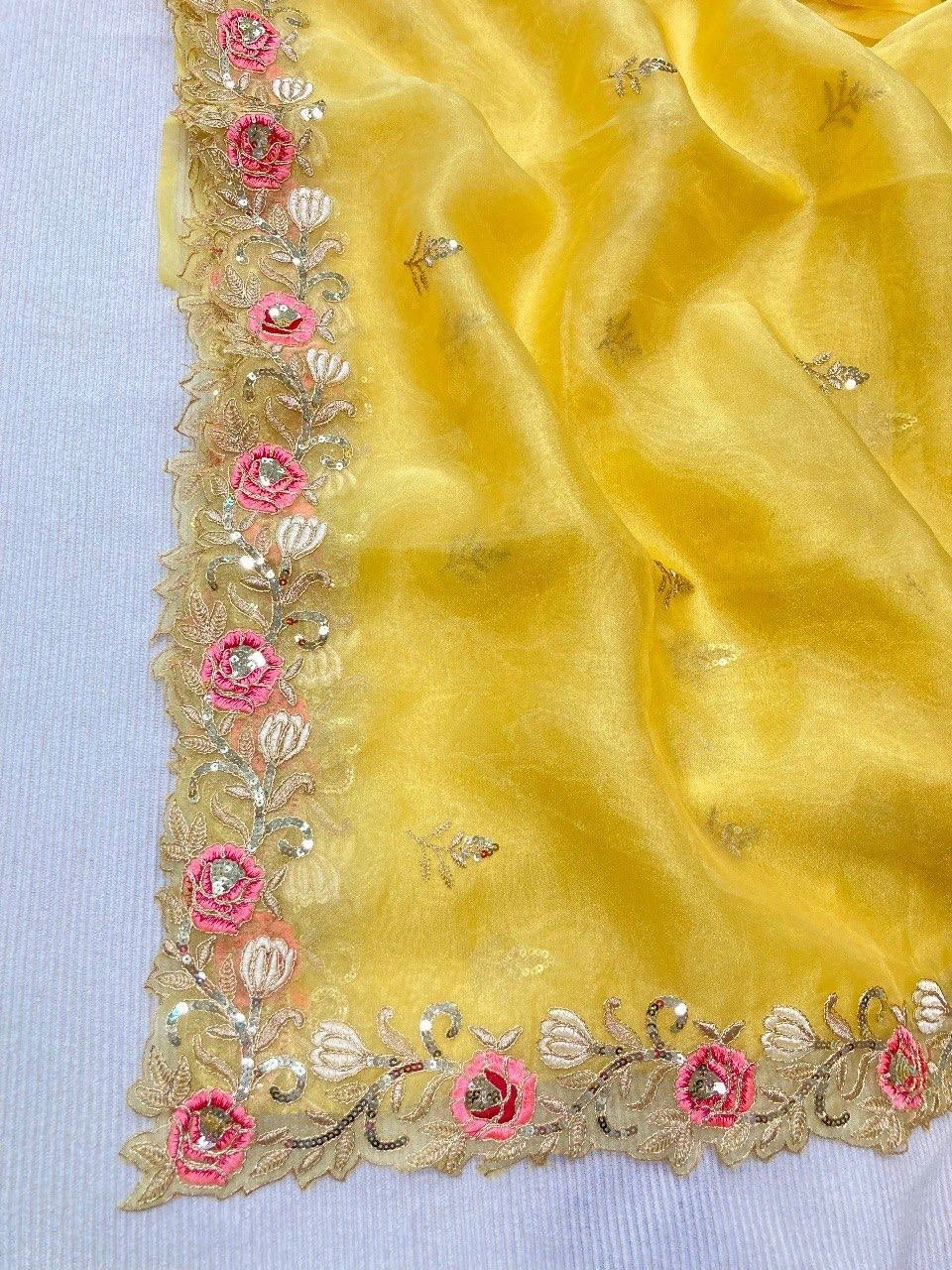 Yellow Organza Saree with Heavy Embroidery - Elegant and Stylish-Yellow-4