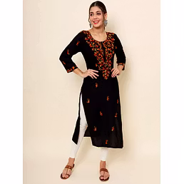 Lucknowi Chickenkari Rayon Kurti - 42" Length, 6 Sizes, 2 Colours