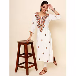 Lucknowi Chickenkari Rayon Kurti - 42" Length, 6 Sizes, 2 Colours