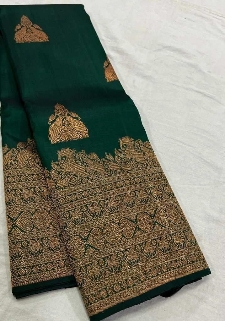 Soft Lichi Silk Saree: Rich Pallu, Jacquard Work, Beautiful Border Blouse-RDM-17-Green