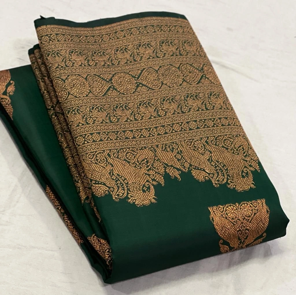 Soft Lichi Silk Saree: Rich Pallu, Jacquard Work, Beautiful Border Blouse-Green-1