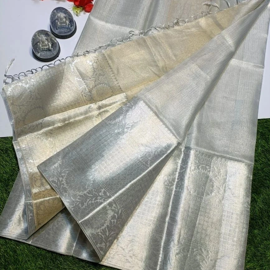 Soft Kota Tissue Silk Saree with Rich Pallu &amp; Exclusive Jacquard Work-White-2