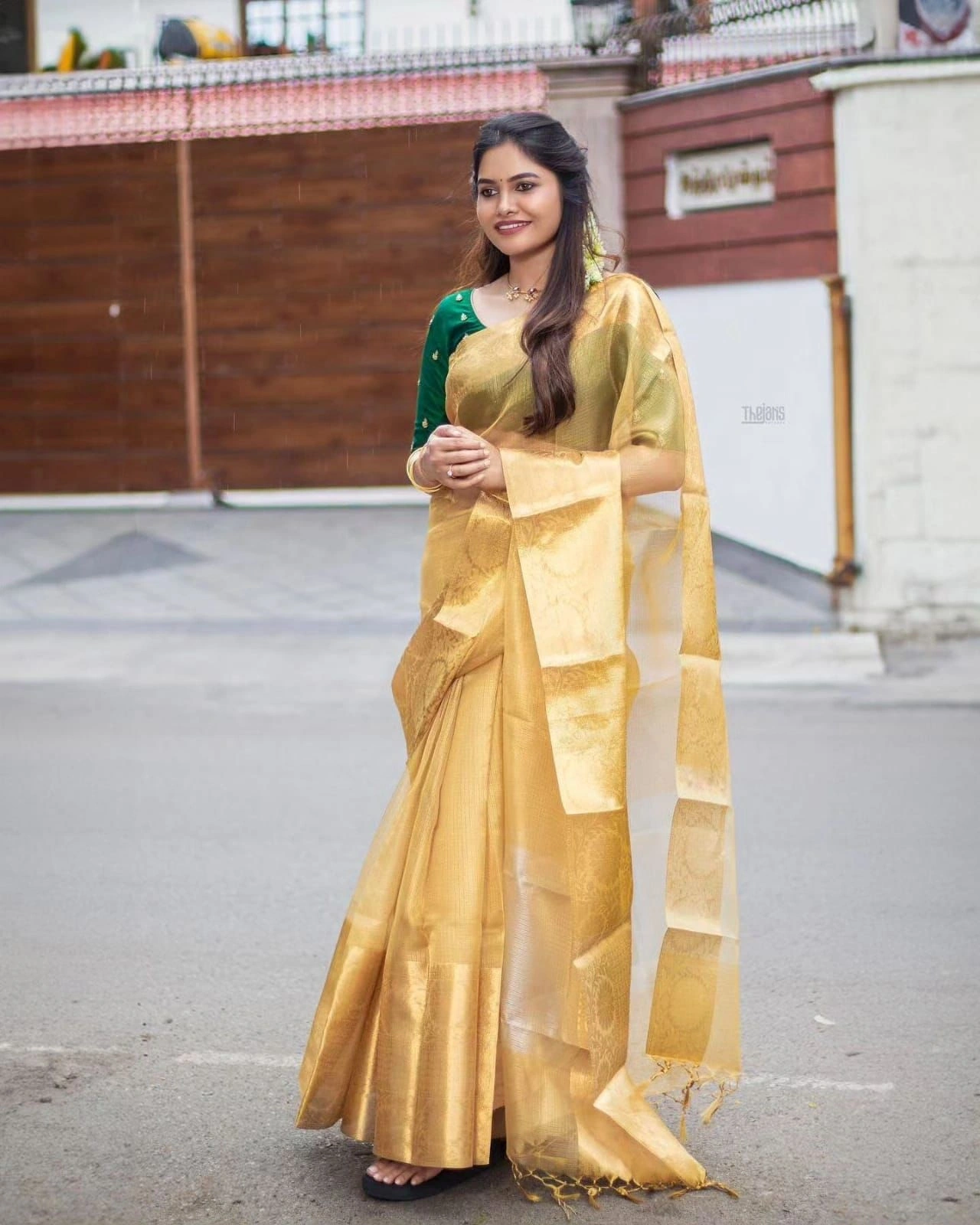 Soft Kota Tissue Silk Saree with Rich Pallu &amp; Exclusive Jacquard Work-Golden-1