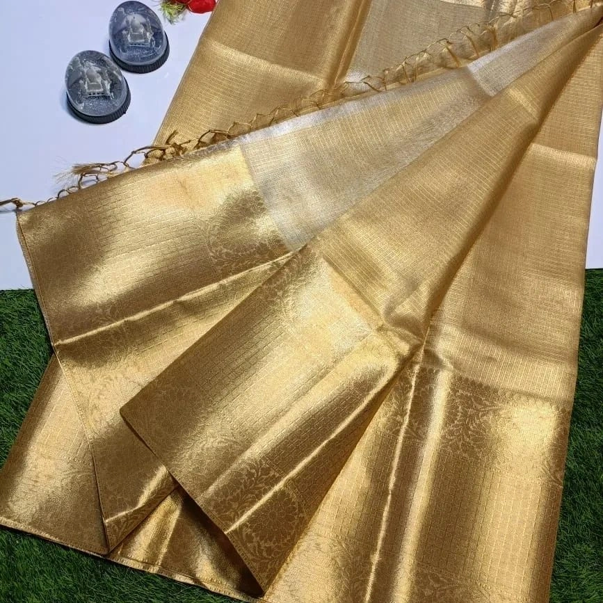 Soft Kota Tissue Silk Saree with Rich Pallu &amp; Exclusive Jacquard Work-Golden-5