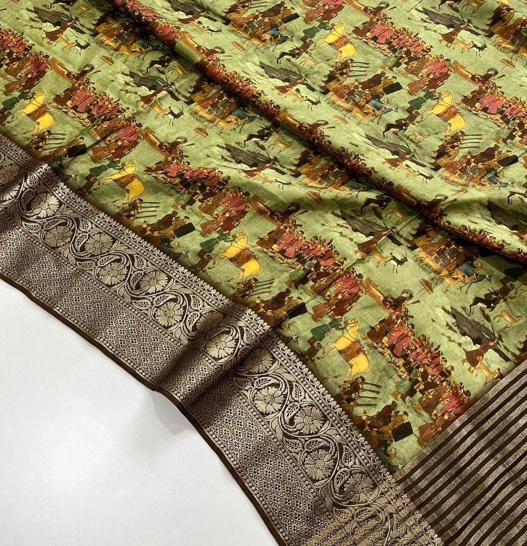 Exquisite Pichwai Kalamkari Silk Saree with Viscose Border-Pista-1