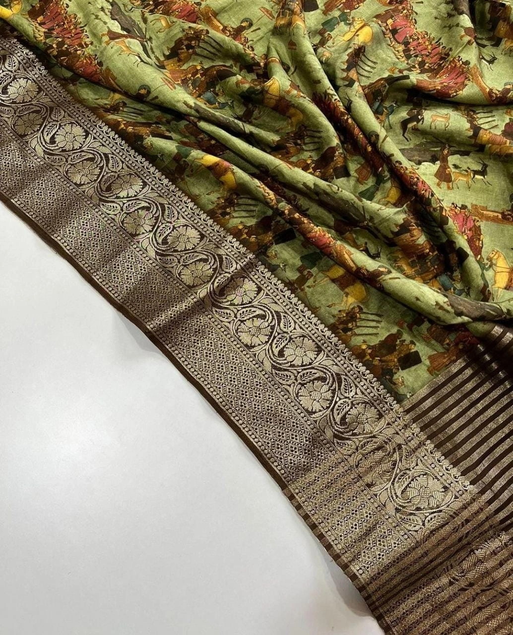 Exquisite Pichwai Kalamkari Silk Saree with Viscose Border-Pista-3