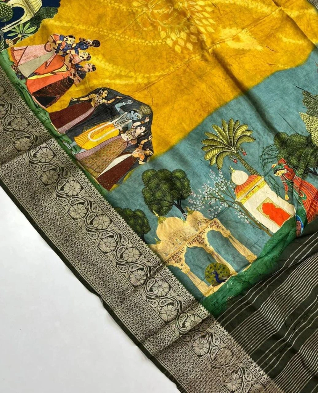 Exquisite Pichwai Kalamkari Silk Saree with Viscose Border-Yellow-3