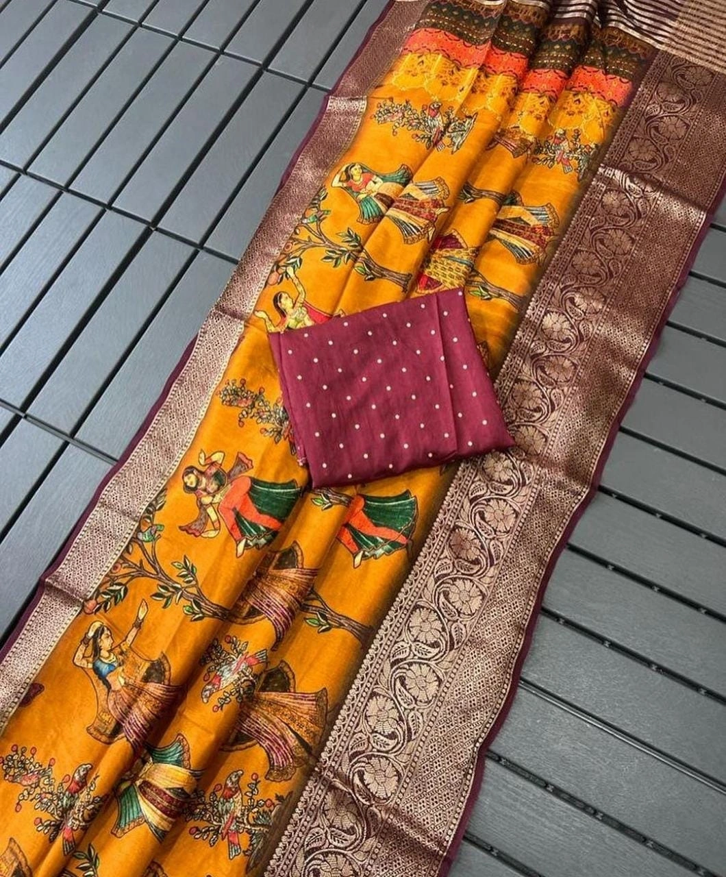 Exquisite Pichwai Kalamkari Silk Saree with Viscose Border-Orange-1