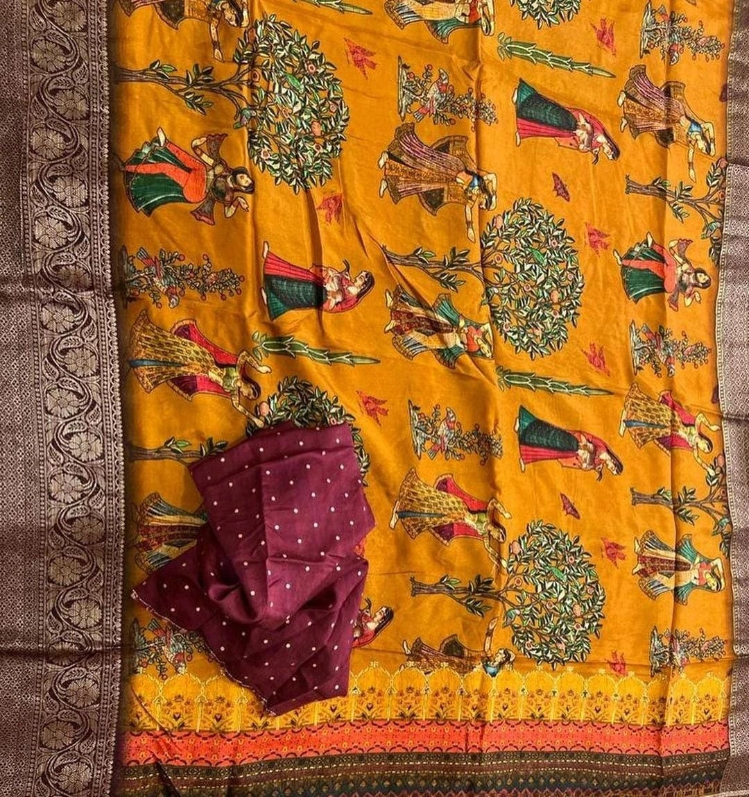 Exquisite Pichwai Kalamkari Silk Saree with Viscose Border-Orange-2