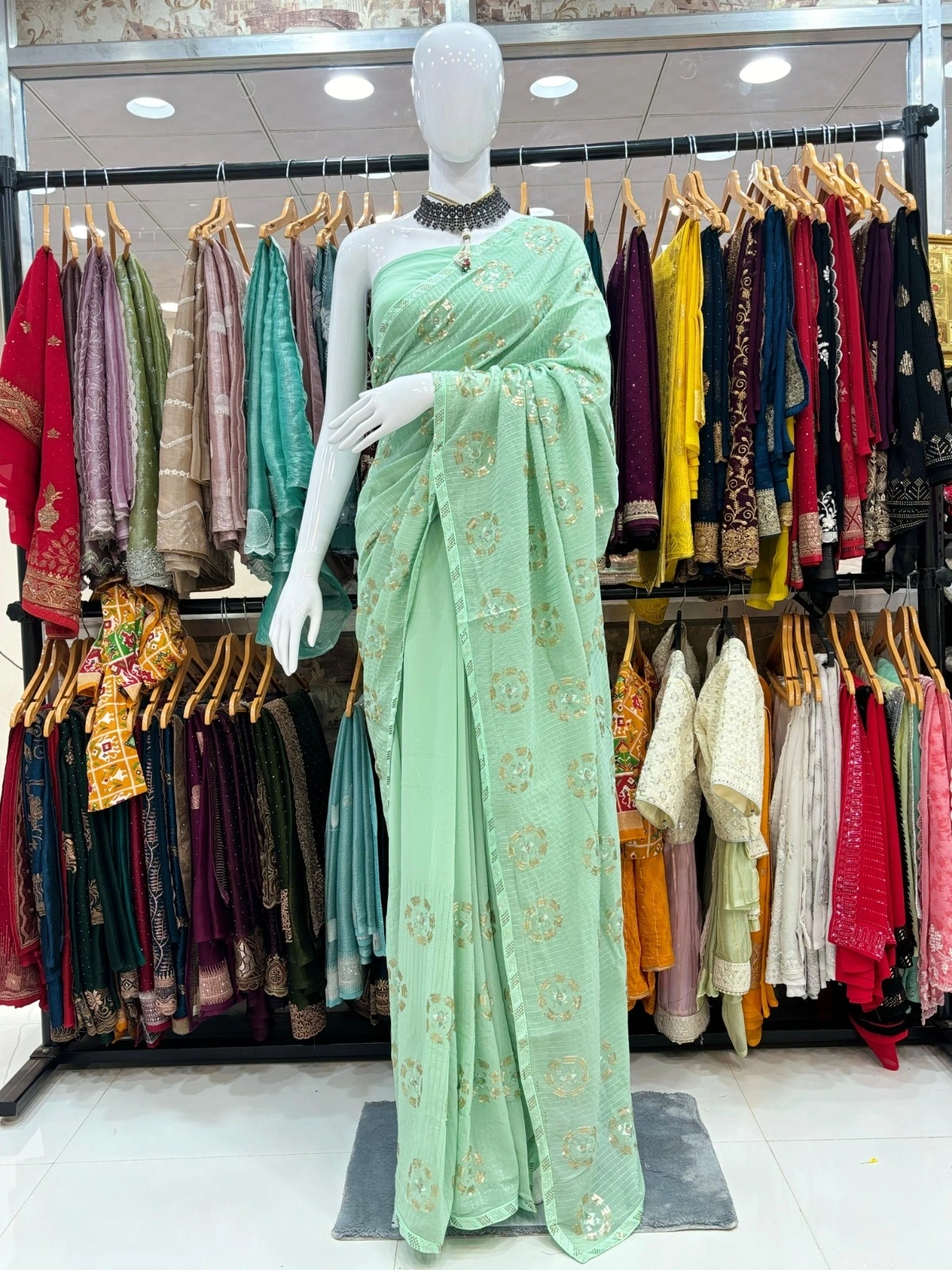 Georgette Saree with Full Heavy Embroidery and Swarovski Border-RSRM-6667-Green