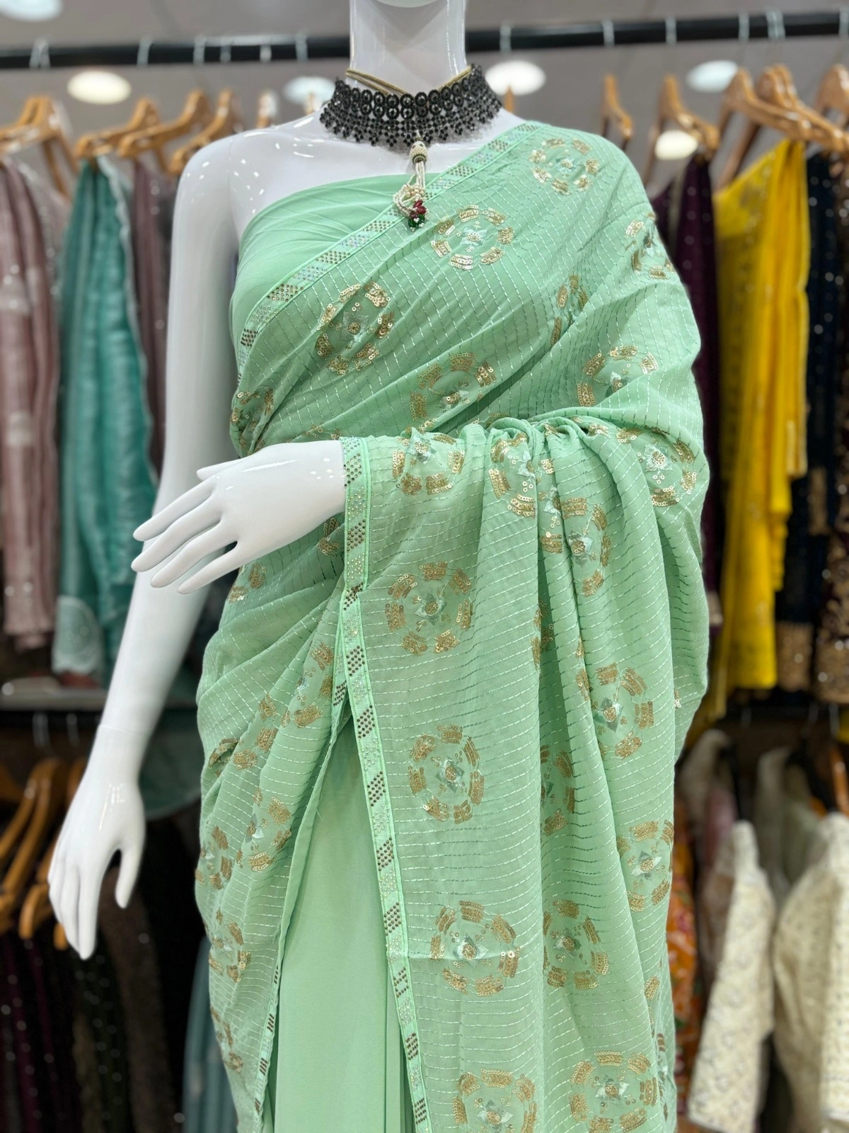 Georgette Saree with Full Heavy Embroidery and Swarovski Border-Green-1