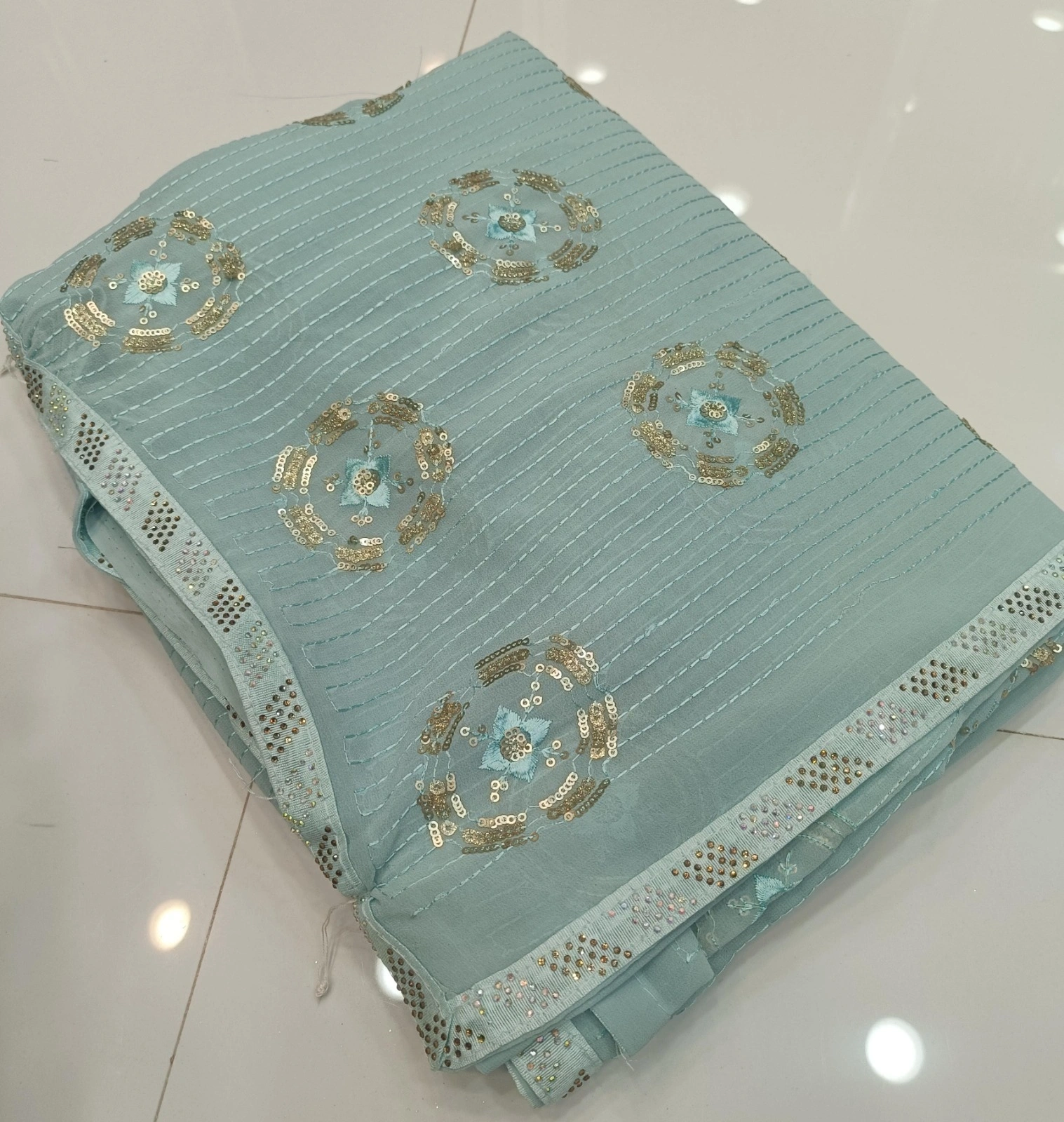 Georgette Saree with Full Heavy Embroidery and Swarovski Border-Sky Blue-2