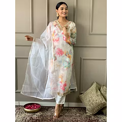 Organza Embroidered Kurta Set with Lace Dupatta
