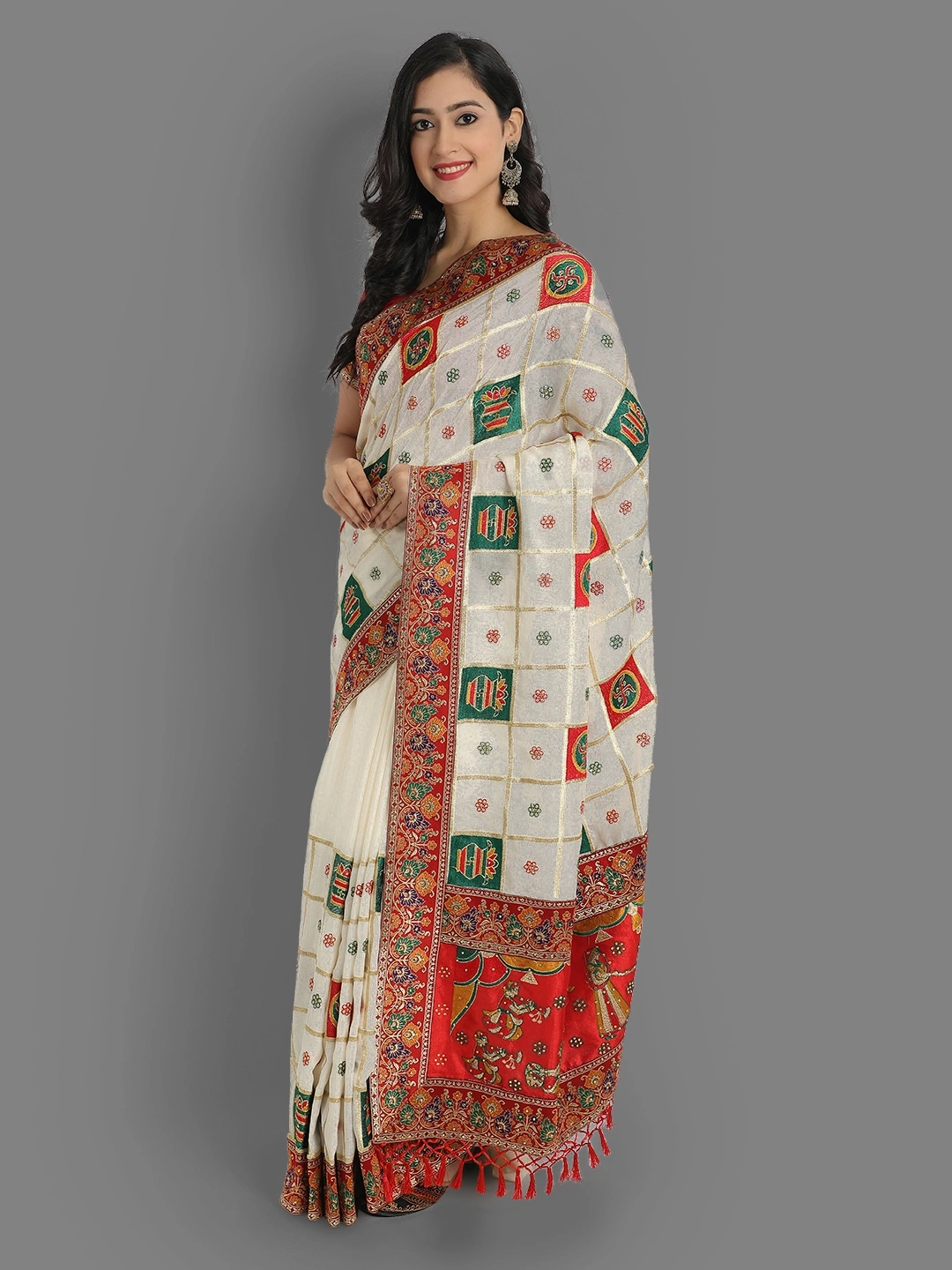 Silk Saree with Embroidery, Diamonds &amp; Lace Border-RSC-PANETAR-103-White