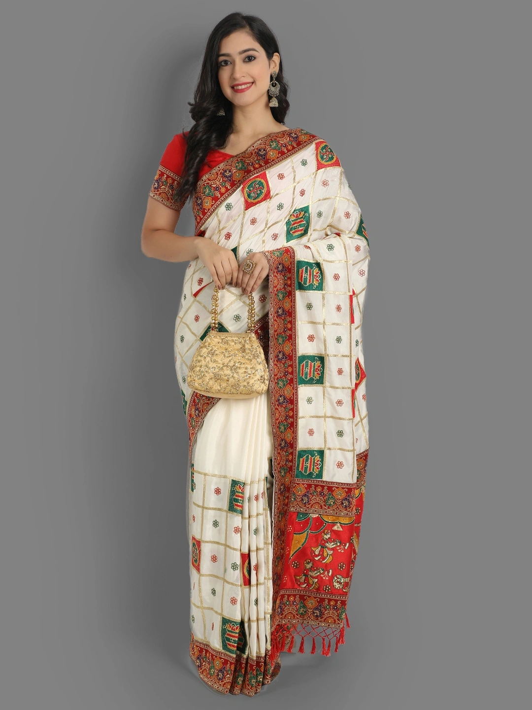 Silk Saree with Embroidery, Diamonds &amp; Lace Border-White-1