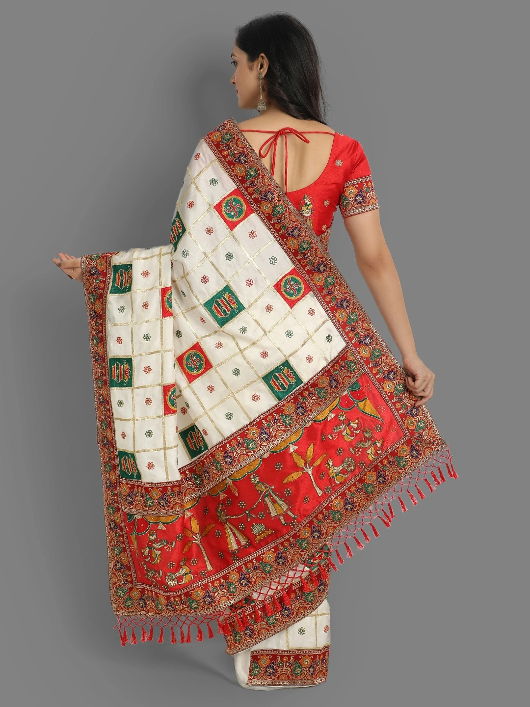 Silk Saree with Embroidery, Diamonds &amp; Lace Border-White-2