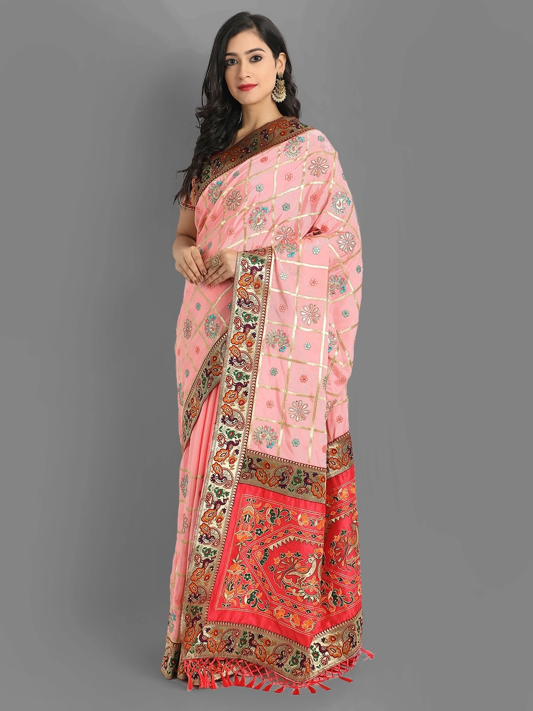 Chinon Silk Saree with Embroidery and Diamond Work-Pink-2