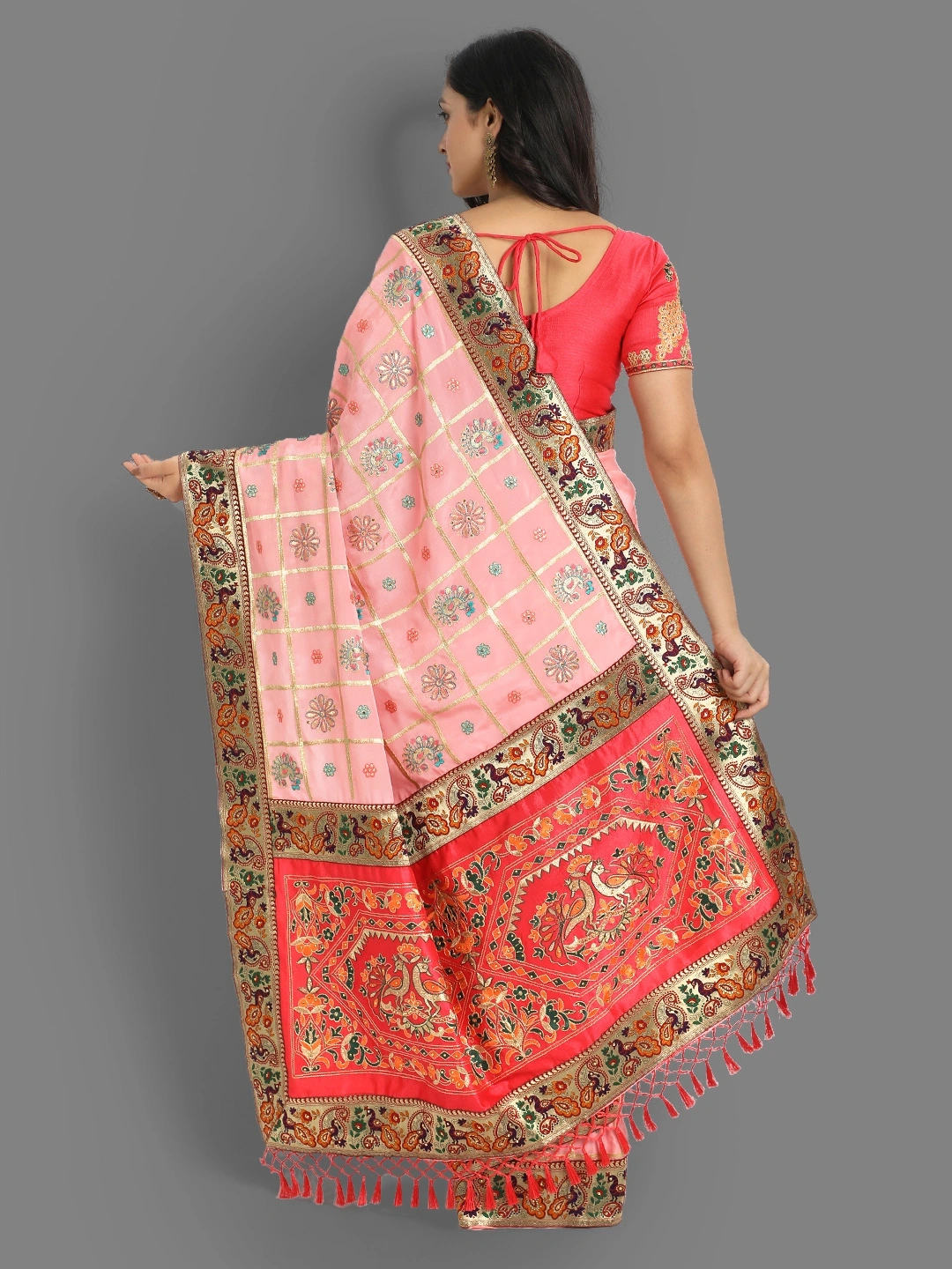 Chinon Silk Saree with Embroidery and Diamond Work-Pink-3