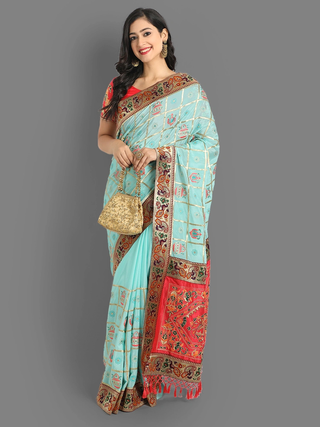 Chinon Silk Saree with Embroidery and Diamond Work-Sky Blue-1