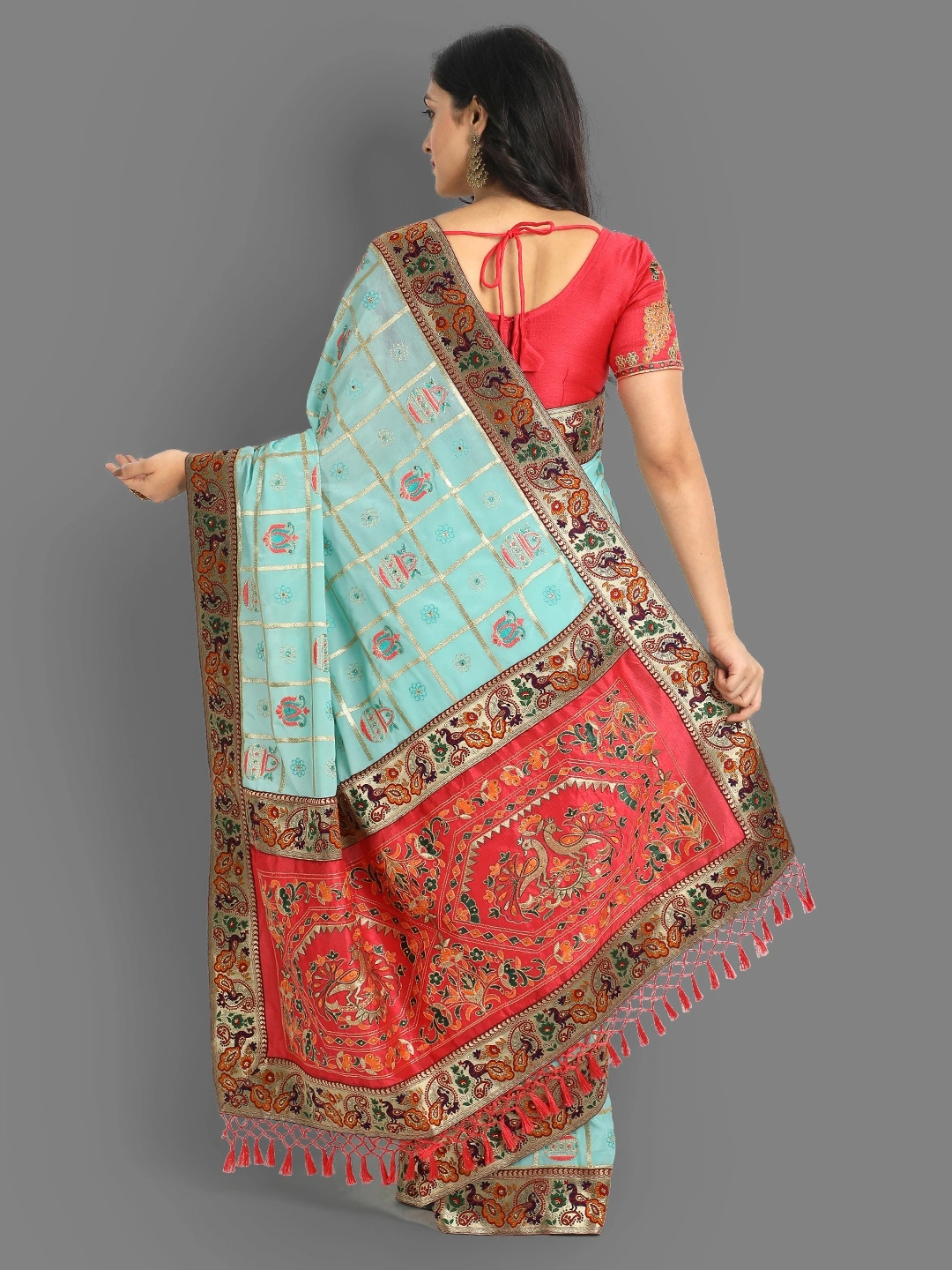 Chinon Silk Saree with Embroidery and Diamond Work-Sky Blue-3