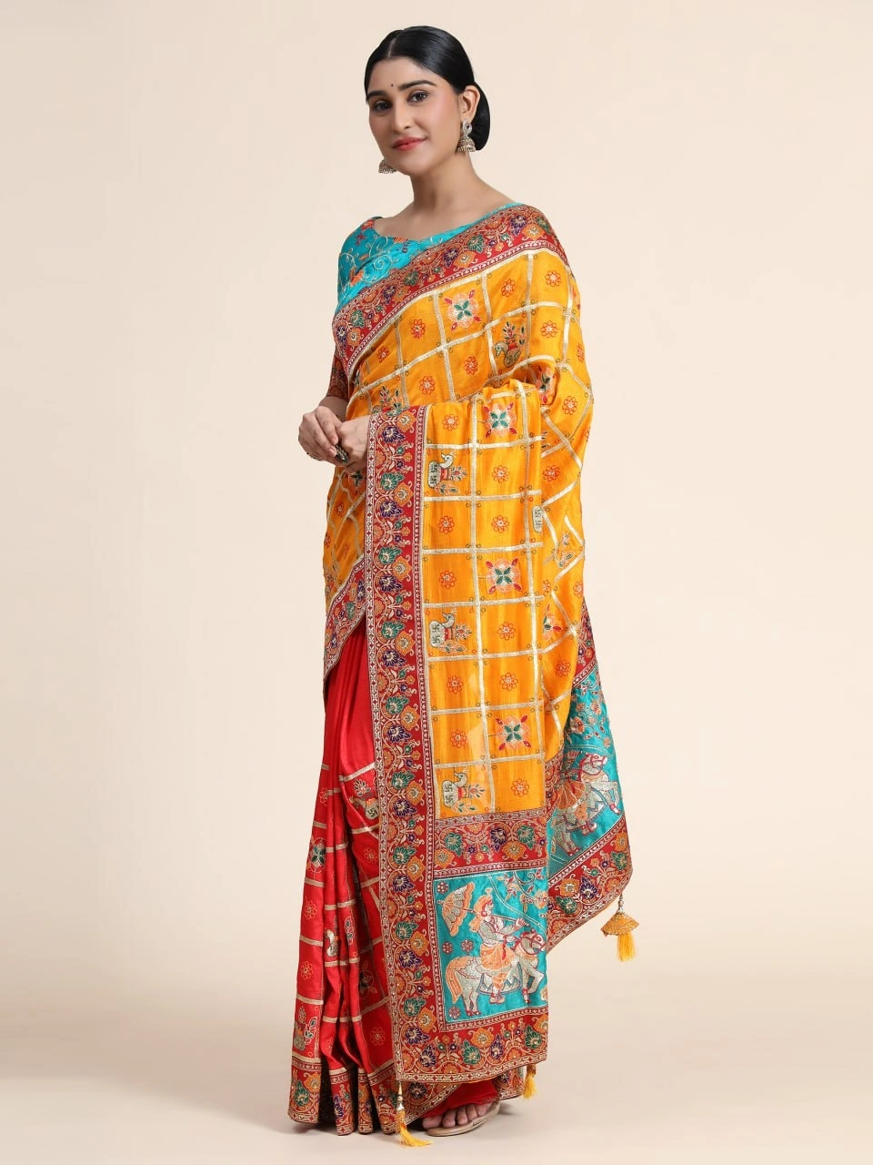 Vichitra Crackle &amp; Cadbury Silk Saree with Embroidery and Diamond Work-RSC-PANETAR-107-Yellow