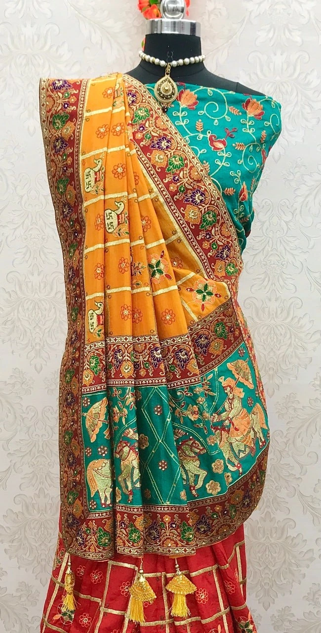 Vichitra Crackle &amp; Cadbury Silk Saree with Embroidery and Diamond Work-Yellow-2