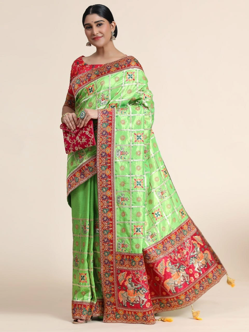 Vichitra Crackle &amp; Cadbury Silk Saree with Embroidery and Diamond Work-RSC-PANETAR-108-Pista