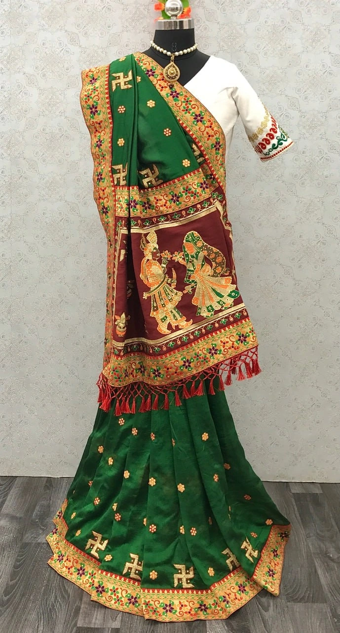 Embroidered Vichitra Silk Saree with Silk Blouse-RSC-PANETAR-111-Green