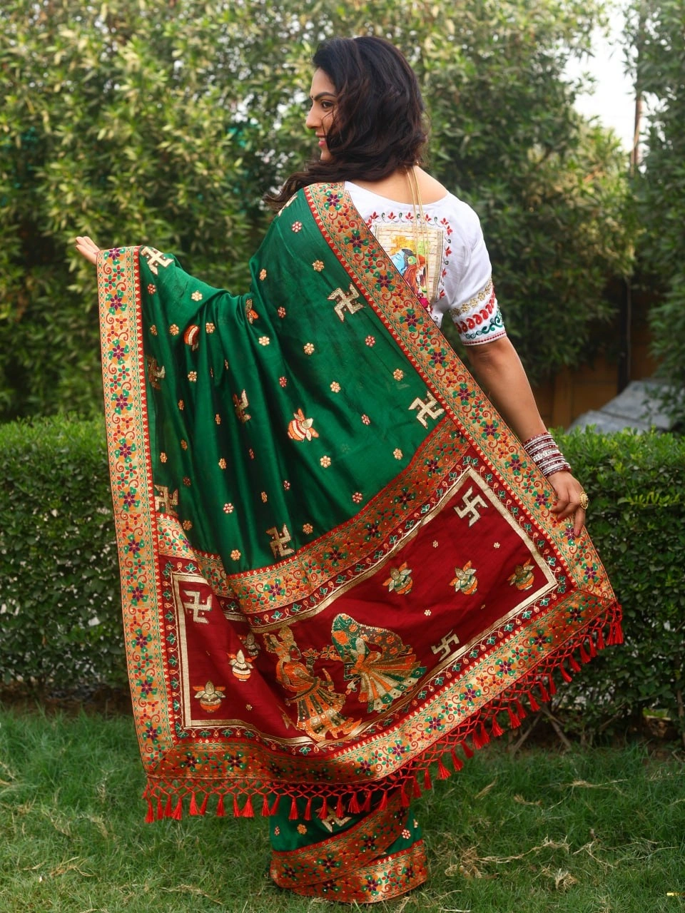 Embroidered Vichitra Silk Saree with Silk Blouse-Green-2