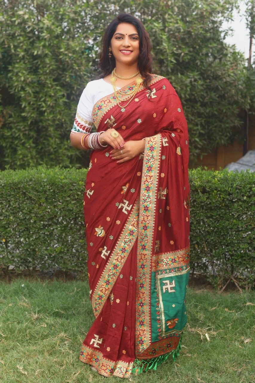 Embroidered Vichitra Silk Saree with Silk Blouse-RSC-PANETAR-112-Red