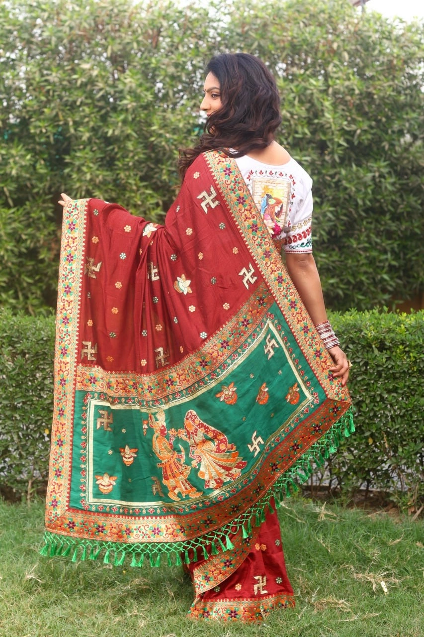 Embroidered Vichitra Silk Saree with Silk Blouse-Red-2