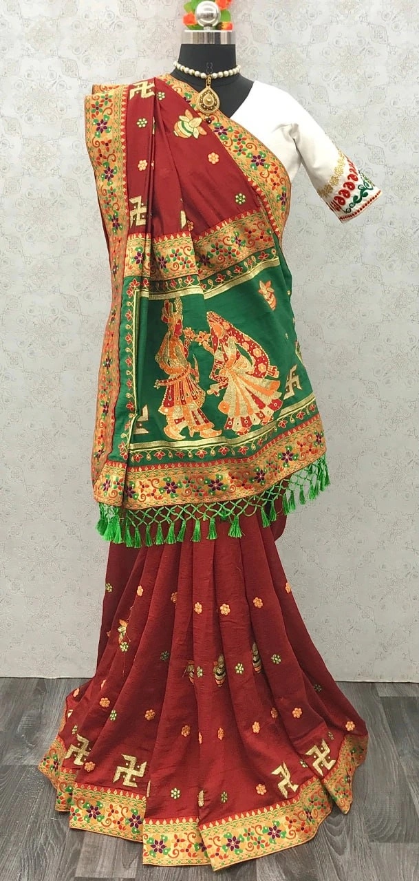 Embroidered Vichitra Silk Saree with Silk Blouse-Red-4