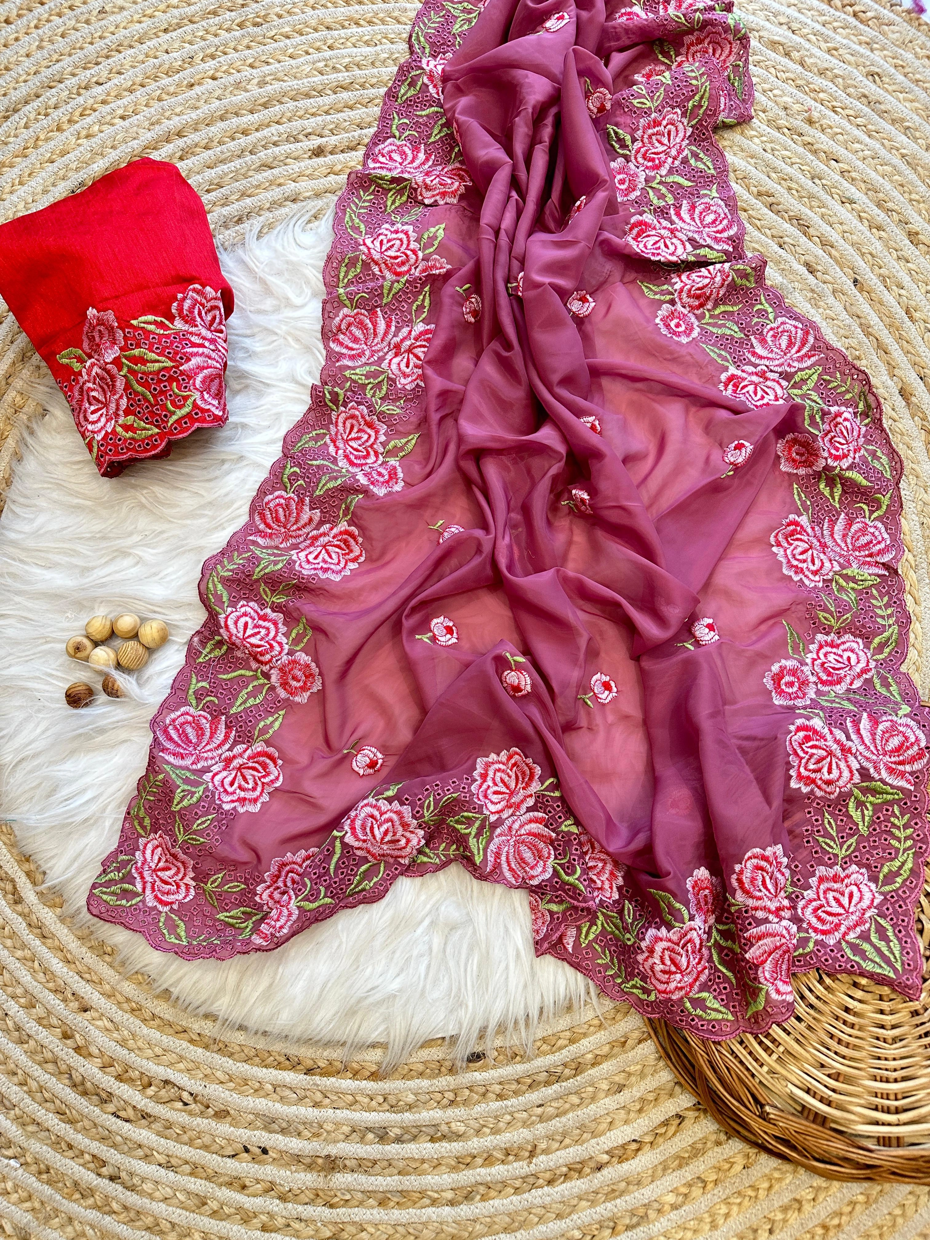 Pure Silk Saree: Elegant Wrinkle Chiffon with Stunning Embroidery and Zari Work-MPL-20-Pink