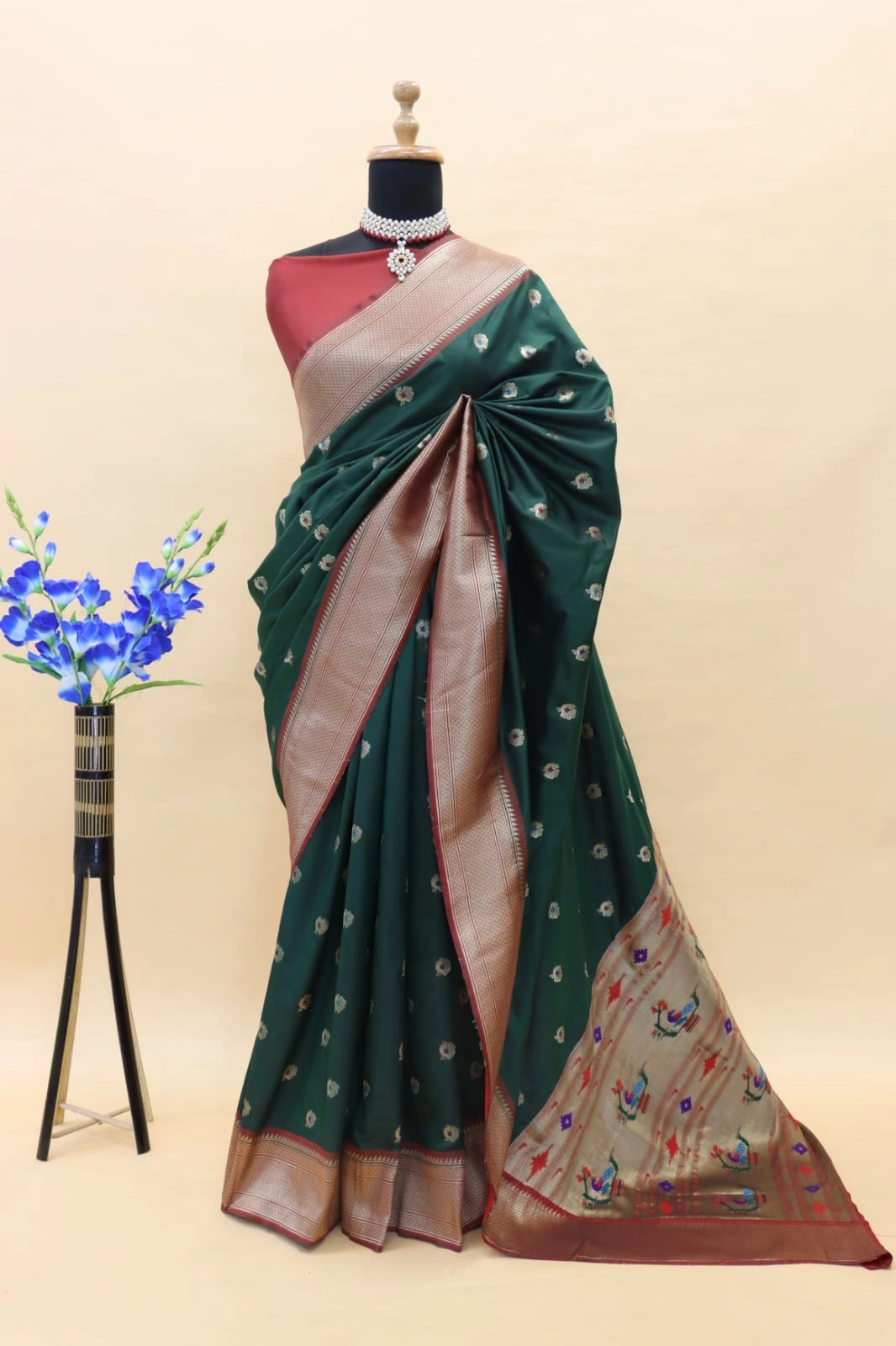 Paithani Silk Saree: Luxurious Pure Silk with Gold Jari Embellishments-PTN-01-DarkGreen