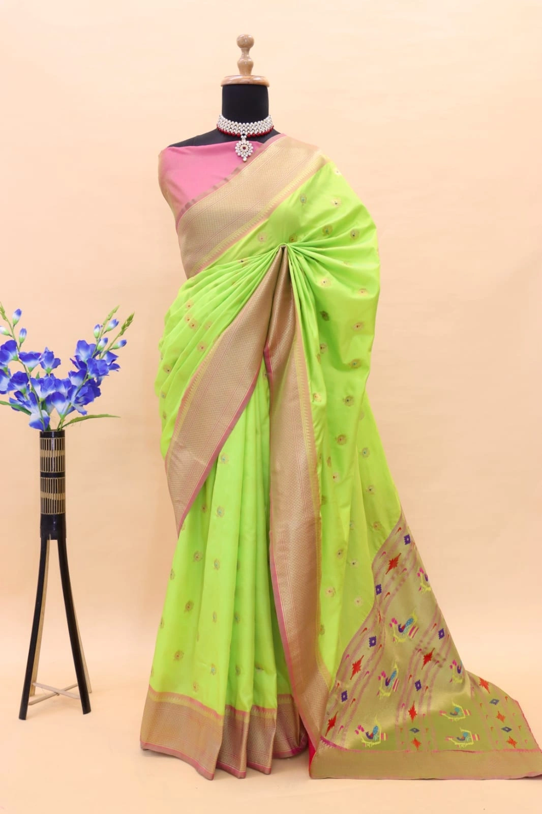 Paithani Silk Saree: Luxurious Pure Silk with Gold Jari Embellishments-PTN-01-Pista